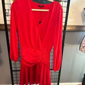 Red Ruched Wrap Midi Dress with Bishop Sleeves. Revolve brand